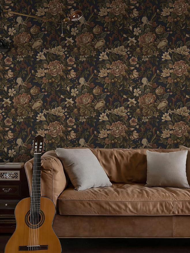 Dimoon Vintage Peel and Stick Wallpaper Dark Blue Floral Contact Paper 16.1"x78.7" Retro Victorian Dark Academia Wallpaper for Bedroom Moody Cottage Core Wall Paper Removable Waterproof Vinyl Roll