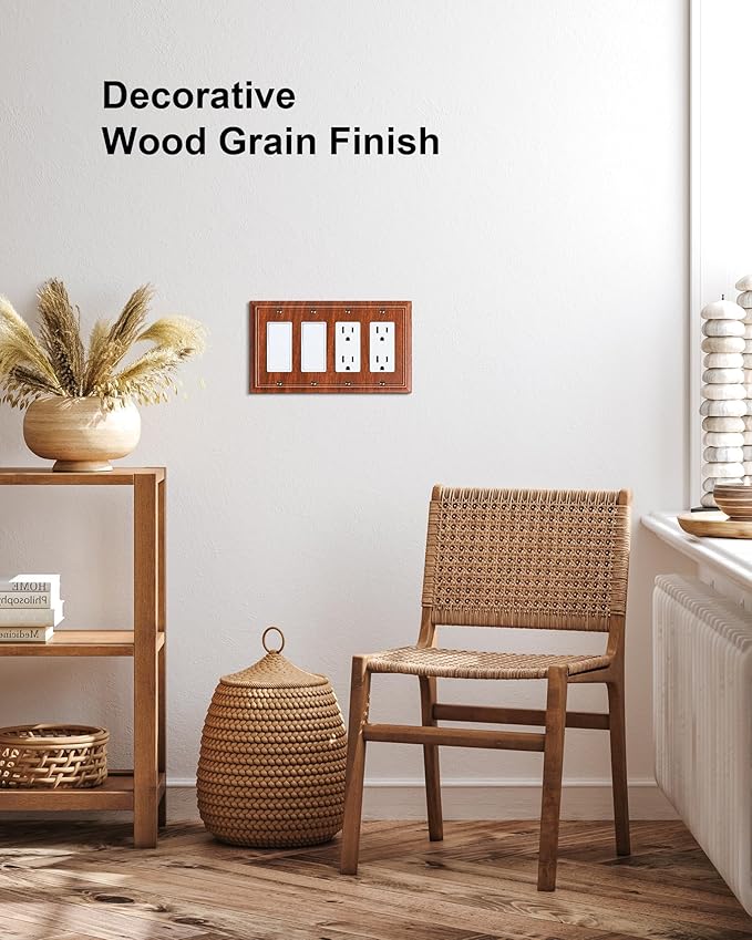 2-Pack Quad Decorator Outlet Cover Plate, Wood Grain Decorative Switch Plates and Outlet Covers, Natural Bamboo Fiber 4 Gang Wall Plates for Electrical Outlets, Receptacle, GFCI Outlet, Dimmer Switch