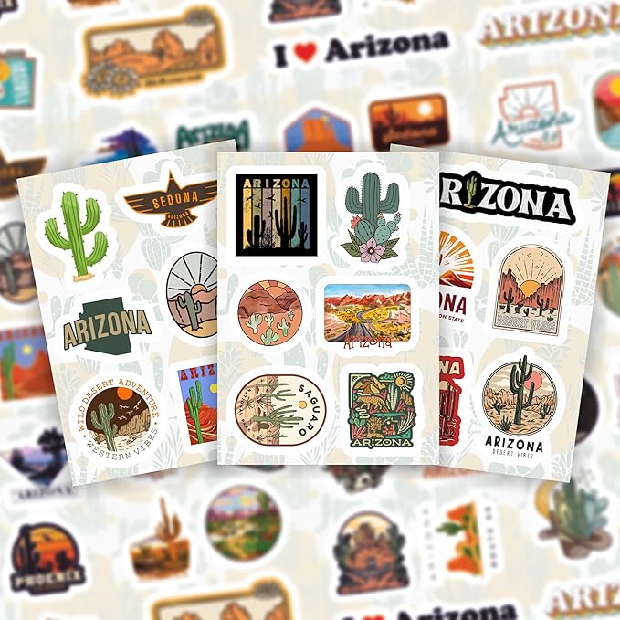 BulbaCraft 100Pcs Arizona Stickers for Water Bottle and Laptop - Arizona Party Supplies & Decorations, Waterproof Vinyl Decals, State Pride and Icon Stickers, Gifts for Women & Men