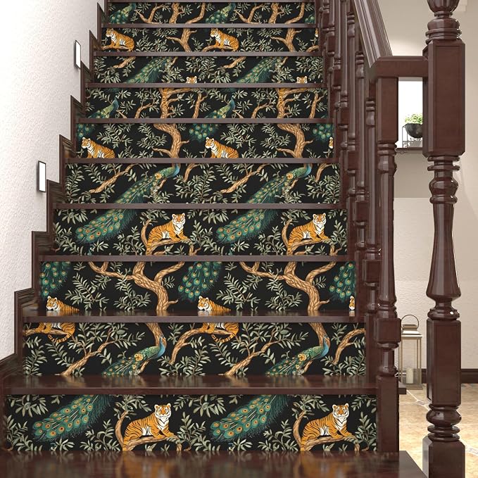 Black Vintage Peacock Tiger Peel and Stick Wallpaper 17.5" x 118" | Waterproof Vinyl Self Adhesive Removable Renter Friendly Floral Contact Paper