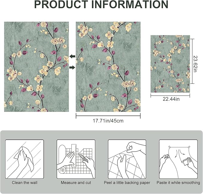 Floral Peel and Stick Wallpaper Flower Tree Contact Paper A Set of 17.5"x1200" Self Adhesive Removable Modern Sage Green Wall Paper Decorative Wall Covering Countertop Vinyl Film Roll