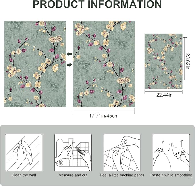 Floral Peel and Stick Wallpaper Flower Tree Contact Paper A Set of 17.5"x300" Self Adhesive Removable Modern Sage Green Wall Paper Decorative Wall Covering Countertop Vinyl Film Roll
