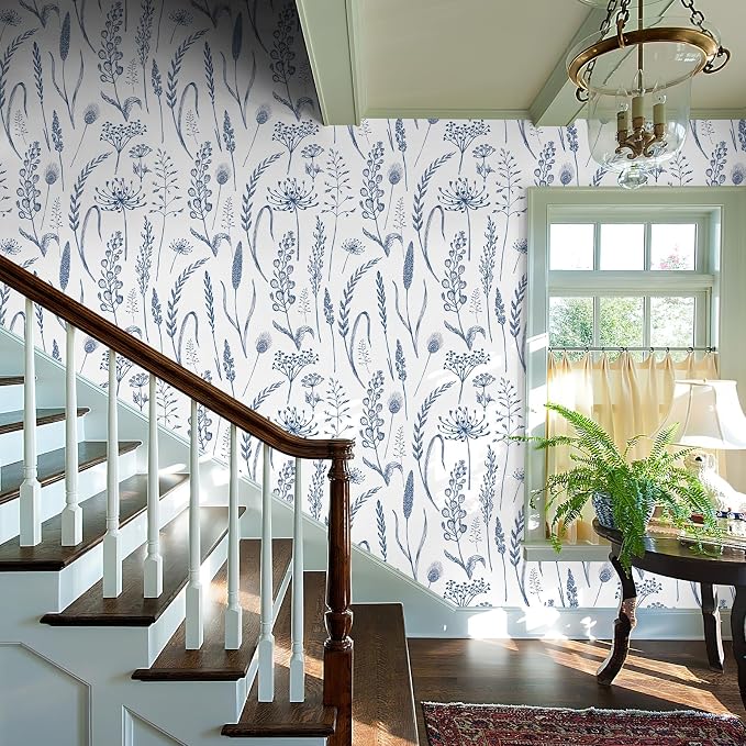 JiffDiff Peel and Stick Wallpaper Farmhouse Vintage Floral Contact Paper Wheat Meadow Removable Self Adhesive Wallpaper Blue and White (56 sq.ft)