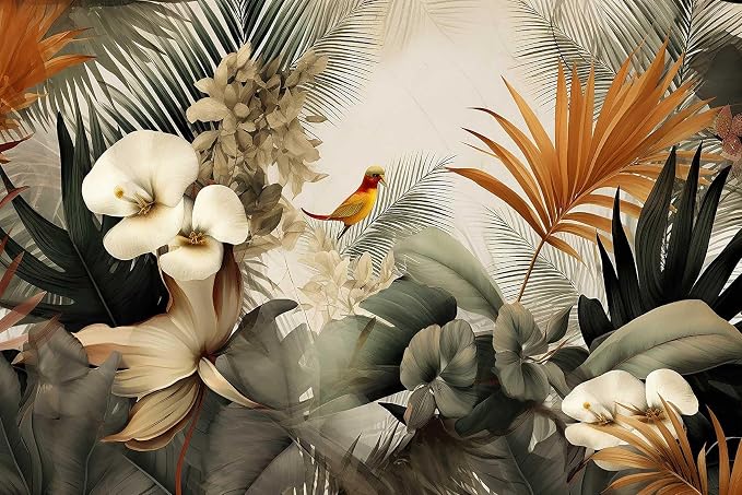Toolhom Flower Series Mural Colorful Leaves Seamless wall Mural | 127"x77" non-self-adhesive birds resting on flowers wallpaper for bedroom, living room, bathroom background wall decoration