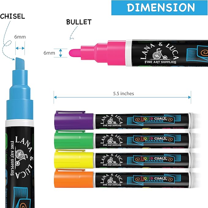 LANA & LUCA Liquid Chalk Markers for Blackboards - Bold Color Dry Erase Marker Pens - Chalkboards Signs, Windows, Blackboard, Glass - 6mm Reversible Tip (8 Pack)