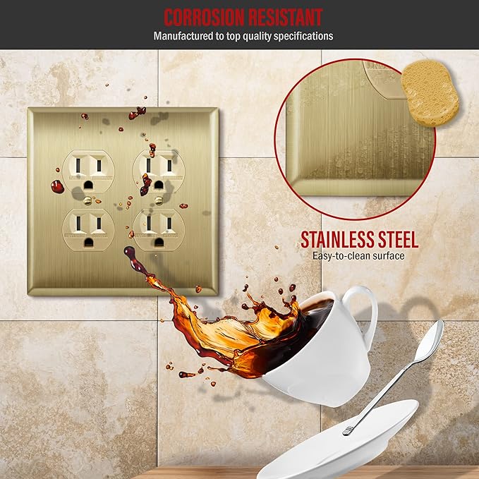 ENERLITES Dual Duplex Receptacle Metal Wall Plate, Stainless Steel Outlet Cover, Corrosion Resistant, Mid-Size 2-Gang 4.88" x 4.92", Stainless Steel 201, 7722M-BB, Brushed Brass