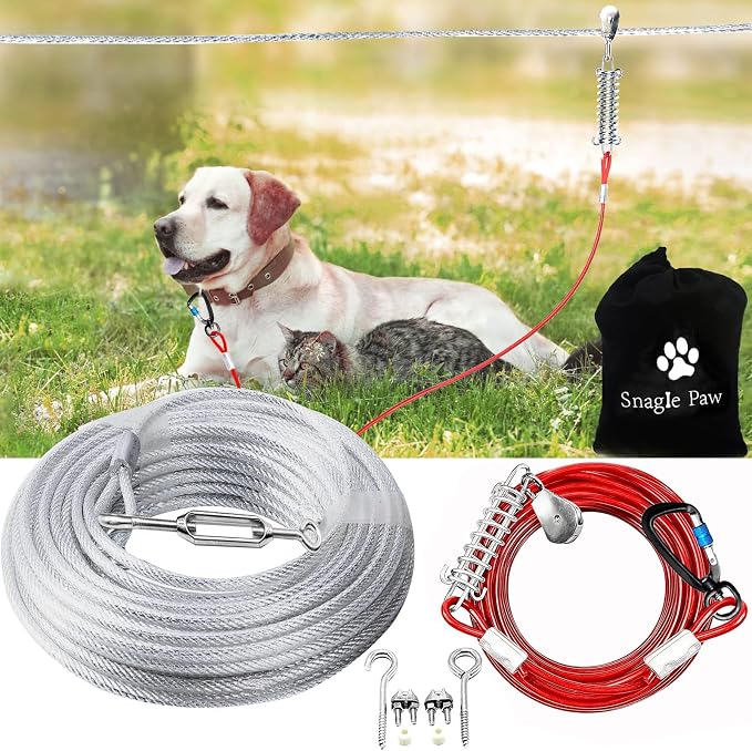 Dog Tie Out Runner for Yard,Trolley System for Large Dogs,Heavy Duty Dog Run Cable Lead 50ft with 10ft Pulley Runner Line for Small Medium and Large Dogs Up to 250lbs Running Outside Yard or Camping