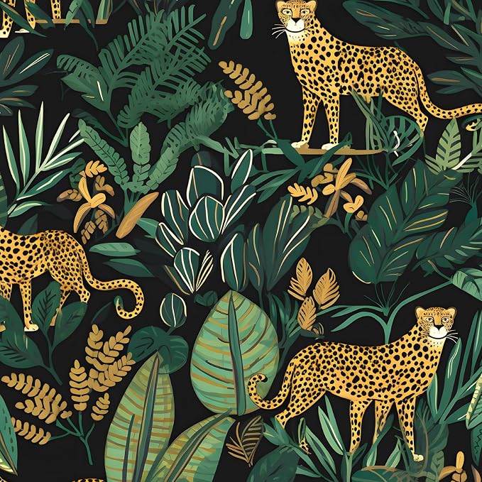 Black Gold Vintage Leopard Peel and Stick Wallpaper 17.5" x 787" | Waterproof Vinyl Self Adhesive Removable Renter Friendly Floral Contact Paper