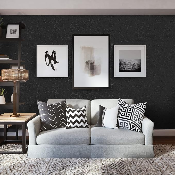 Cohoo Home Black Silk Peel and Stick Wallpaper for Bedroom Solid Black Textured Contact Paper for Cabinets and Drawers Self Adhesive Removable Wallpaper for Bathroom Embossed Waterproof 15.7inW 197inL