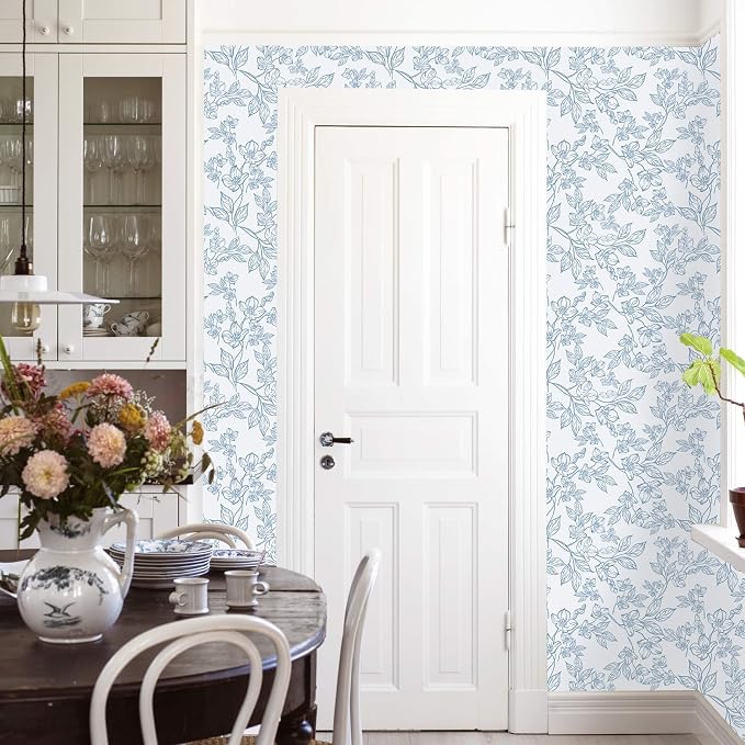 Ismoon Floral Wallpaper Peel and Stick Blue and White Contact Paper Vintage Textured Removable Wallpaper Self Adhesive Renter Friendly Wall Paper 17.3x196in