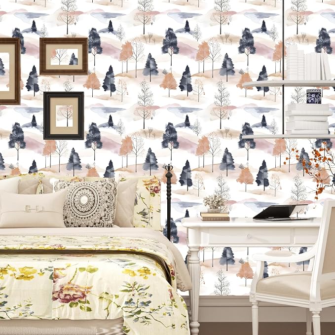 ILHIIOR White Floral Peel and Stick Wallpaper Boho Colorful Tree Contact Paper Forest Removable Self Adhesive Waterproof Wall Paper for Cabinet Drawers Wall Decor Renter Friendly 17.5''x118''
