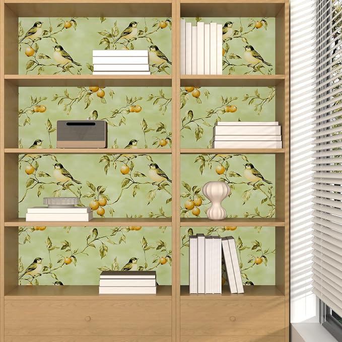 Vintage Bird Wallpaper Peel and Stick, Green Botanical Fruits Contact Paper17.5" x 393", Retro Floral Boho Wall Paper Self Adhesive Removable Waterproof for Bedroom Walls Shelf Cabinet Drawer Table