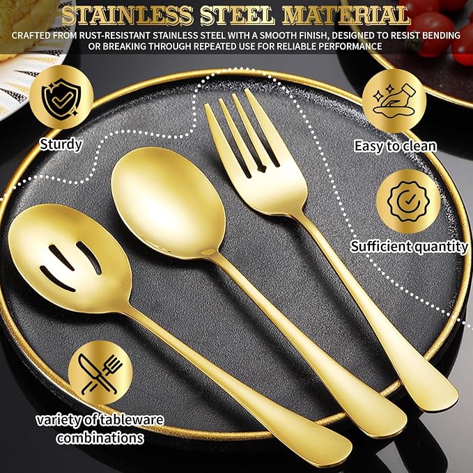 32 Piece Stainless Steel Serving Utensils Set - Complete Buffet Serving Spoons, Tongs, Ladles, Spatulas for BBQ, Parties, Weddings, Catering and Events (Gold)