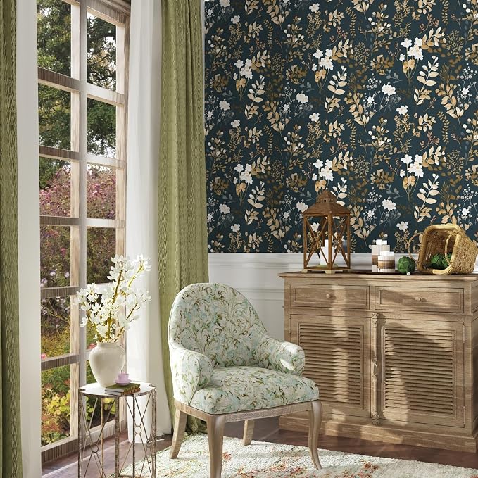 Vintage Dark Navy Gold Floral Peel and Stick Wallpaper 17.5"x787" | Self Adhesive/Removable/Waterproof/Thick Vinyl Extra Long Contact Paper for Bathroom Bedroom Shelf Cabinet Drawer,Prepasted