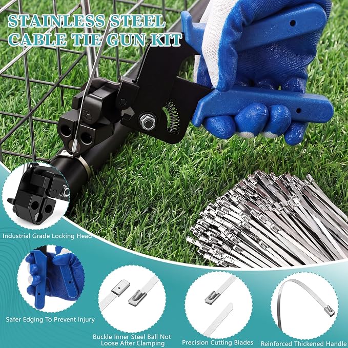 LEIFIDE Stainless Steel Cable Tie Gun Set 200 Pcs 11.8 Inch Heavy Duty Metal Zip Tie Adjustable Fastening Cutting Tool for Outdoor Exhaust Wrapping Fence Workshop(Silver, Blue)