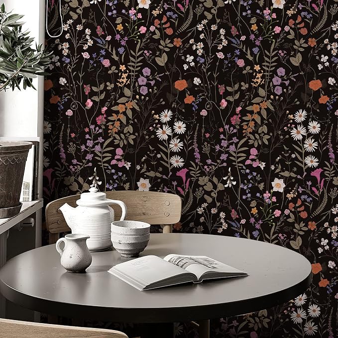 Wallpaper Self-Adhesive Blooming Vintage Colourful Flowers Wall Paper for Bedroom Living Room Cabinet, Peel and Stick Beige Sketch Little Flowers Wallpaper Mural 7.1 sq. feet (17.3''''x59.1'', Black)