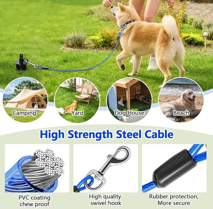 Dog Tie Out Cable&Stake,30FT Dog Leads for Yard,Heavy Duty Ground Anchor | Spiral Dog Stake with 360°Swivel Ring,Chew Proof Rust Dog Tether for Outdoor Yard, Beach, Camping up to 220lbs