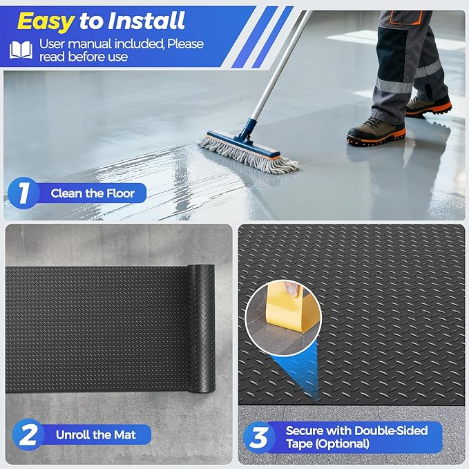 8x21 FT Garage Floor Mat, 2.8mm Thickened Garage Flooring Heavy Duty Rubber Garage Floor Mats for Under Car, Diamond Plate Garage Mat for Garage, Workshop, Enclosed Trailer