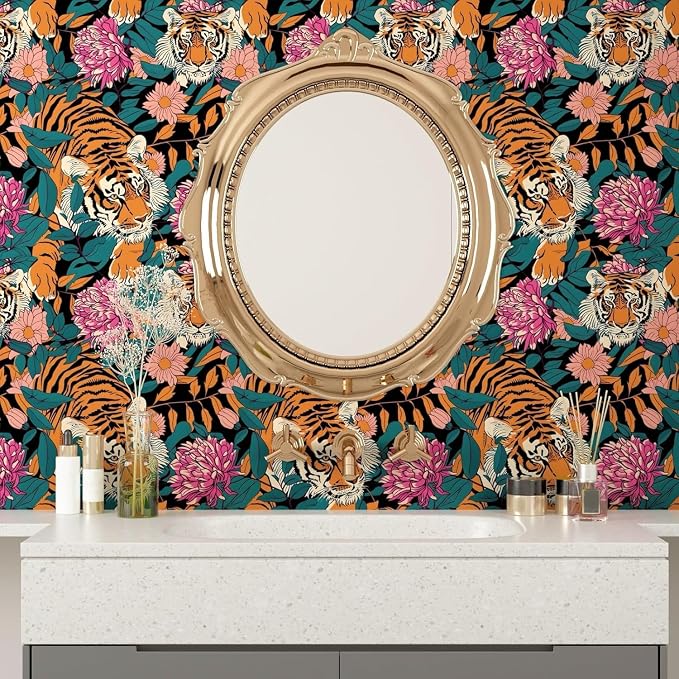 BOKEBEVE Tiger Floral Wallpaper Peel and Stick Vintage Orange 17.5 x 118In | Removable Self Adhesive Renter Friendly Jungle Tiger Wall Paper for Bedroom Bathroom Living Room Feature Accent Wall
