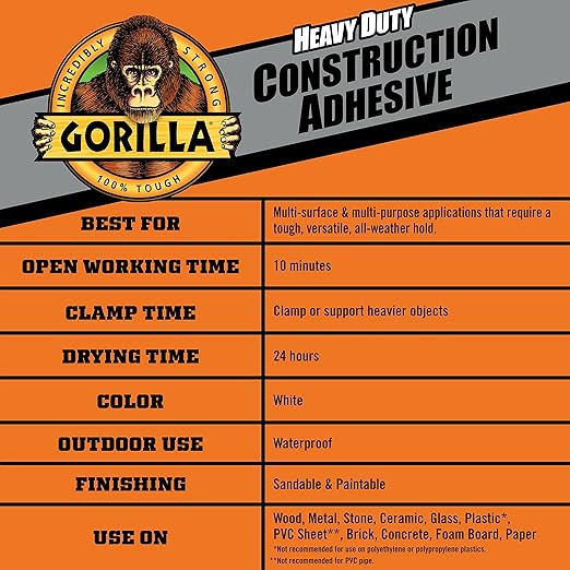 Gorilla Heavy Duty Construction Adhesive, White Glue, 7 Ounce Squeeze Tube (Pack of 1) - Gap Filling and Waterproof