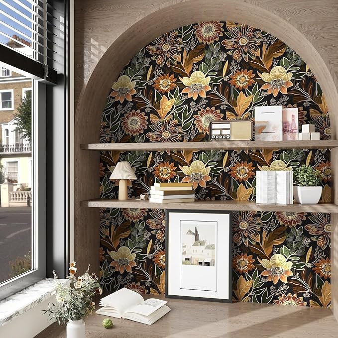 Boho Dark Black Gold Floral Wallpaper Peel and Stick 17.5"x197" | Self Adhesive/Removable/Waterproof/Thick Vinyl Contact Paper for Bathroom Bedroom Shelf Cabinet Drawer,Prepasted,Easy Peel