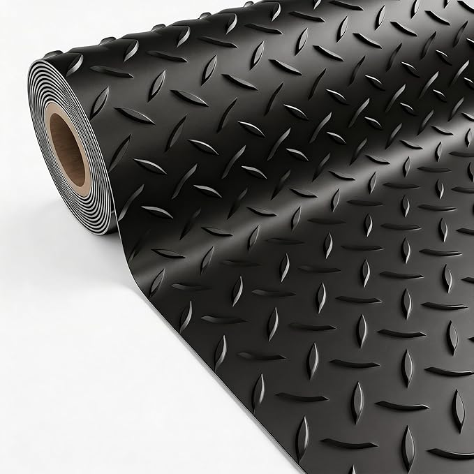 5x10 FT Garage Floor Mat, 2.8mm Thickened PVC Flooring Roll for Under Car, Golf Cart Parking Mat, Diamond Plate Black Motorcycle Mat for Warehouse, Basement, Gyms, Trailer（Included Tapes）