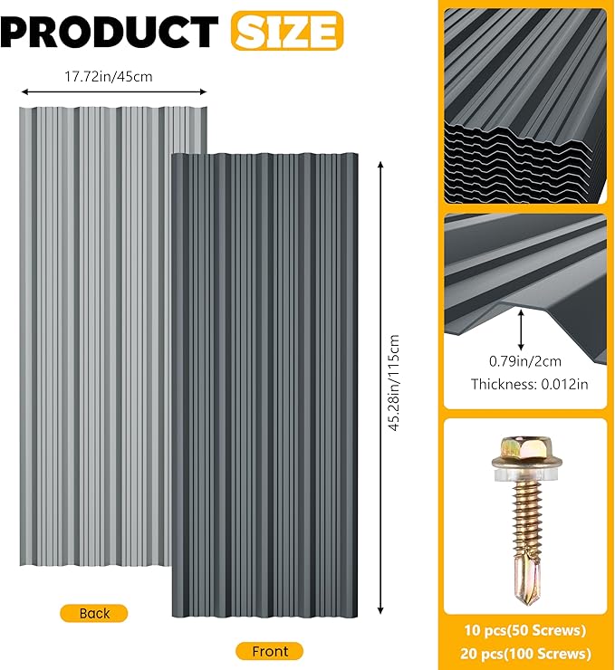10 pcs Metal Roofing Panels - Corrugated Galvanized Roof Panels L45.28x W17.72 Inch, Waterproof Tin Roof Sheets for Garages,Sheds, Stables and Mobile Homes, Includes Screws(Grey,L45.28''-10)