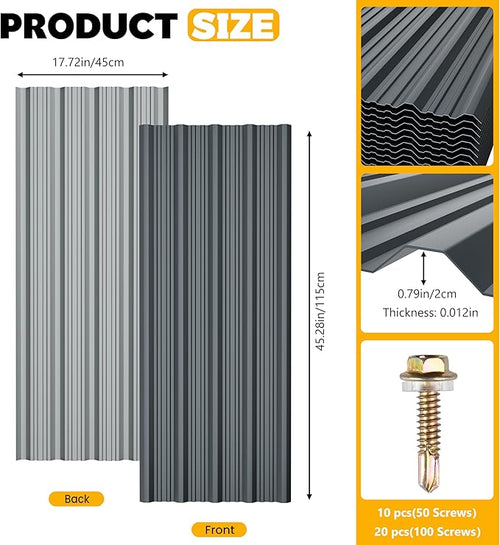 10 pcs Metal Roofing Panels - Corrugated Galvanized Roof Panels L45.28x W17.72 Inch, Waterproof Tin Roof Sheets for Garages,Sheds, Stables and Mobile Homes, Includes Screws(Grey,L45.28''-10)