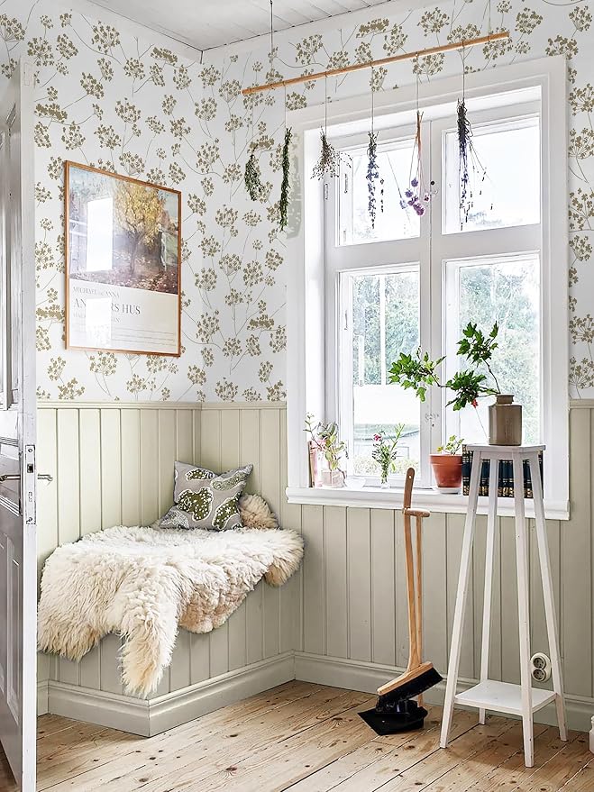 Hopepak Floral Peel and Stick Wallpaper Beige Contact Paper for Bedroom Leaf Removable Self Adhesive Wall Paper for Bathroom Modern Wallpaper for Walls Cabinets Shelf Liner Vinyl 17.3" x 78.7"