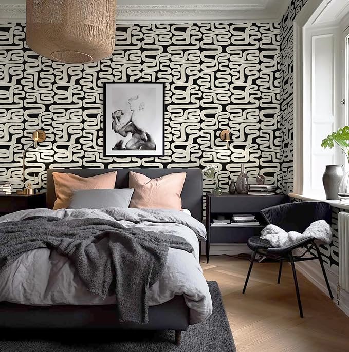 Black and Cream White Peel and Stick Wallpaper Modern Geometric Self-Adhesive Removable Contact Paper Thicken Waterproof Easy to Clean Decorative Wall Paper for Bedroom Bathroom 17.3in x 197in