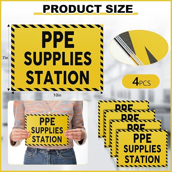 Yaocom 4 Pcs PPE Supplies Station Sign 10" x 7" Plastic Sign for Workplace with Mounting Holes Indoor Outdoor Construction, Yellow with Black Prints