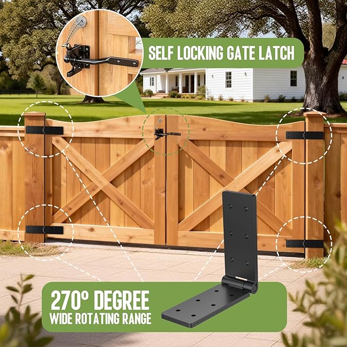 Heavy Duty Gate Hinges,270° Solid Double Layer Folding Butt Hinges,Self Locking Gate Latch for Wooden Fence,Heavy Plywood, Backyard Wood Gates and Fence（gate Hinge&Gate Latch