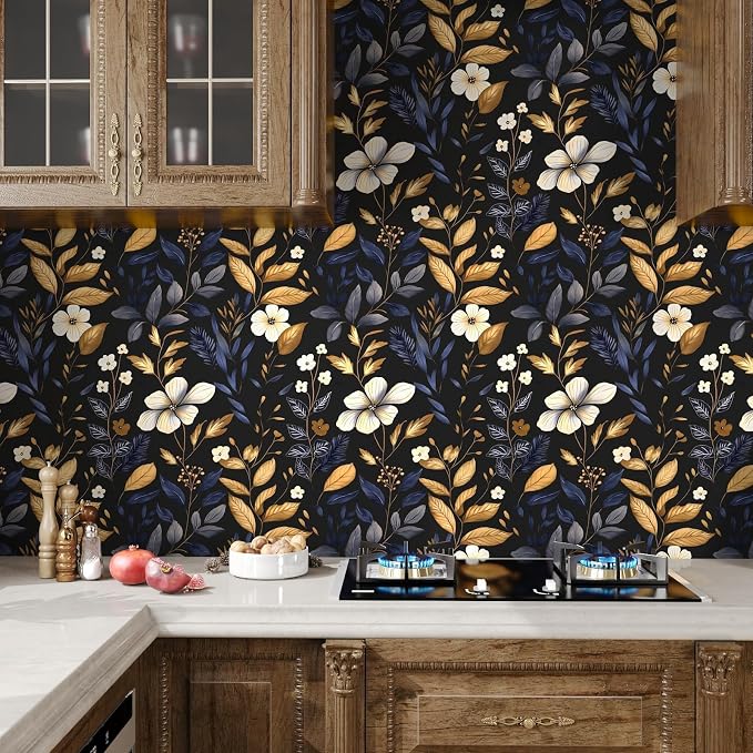 Laatse Blue/Gold Leaf Wallpaper Peel and Stick Vintage Dark Floral Wallpaper Waterproof Self Adhesive Removable Boho Wall Paper Modern for Bedroom Walls Drawer Cabinet 17.5in x118in