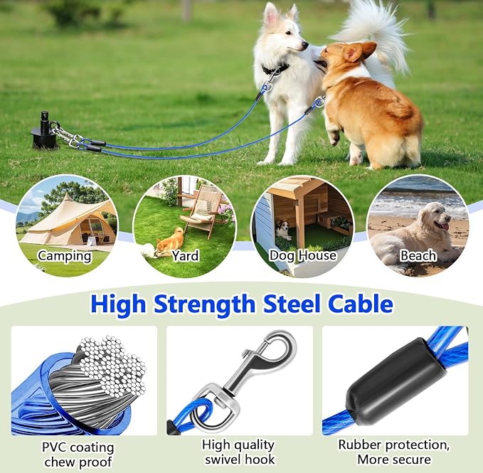 Dog Tie Out Cable&Stake,2x16FT Dog Leads for Yard,Heavy Duty Ground Anchor | Spiral Dog Stake with 360°Swivel Ring,Chew Proof Rust Dog Tether for Outdoor Yard, Beach, Camping up to 220lbs