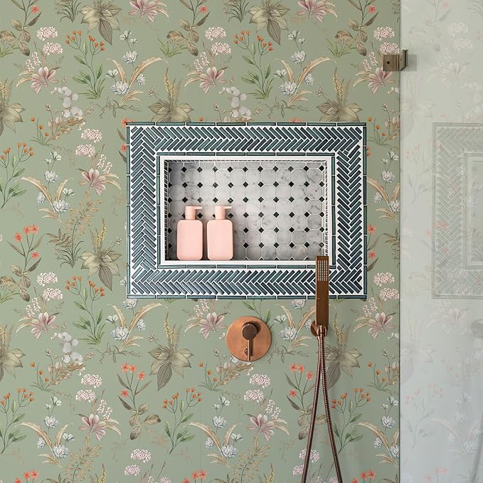Simon&Siff Vintage Floral Peel and Stick Wallpaper 800" x 17.3" | Sage Green Botanical Contact Paper, Self Adhesive Removable Wall Paper, Renter Friendly, Bedroom Cabinets DIY Decor