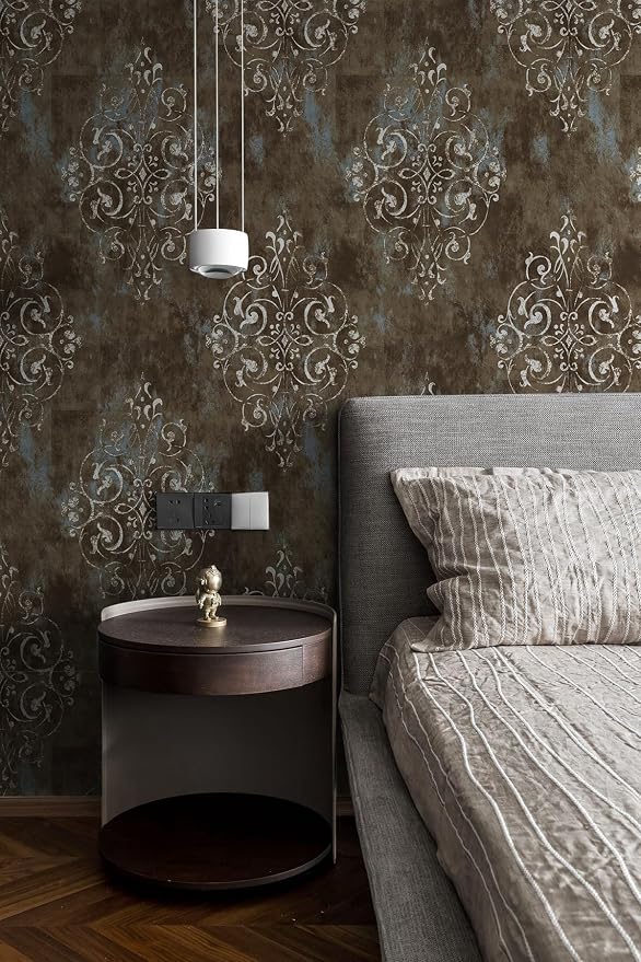 HAOKHOME Vintage Peel and Stick Wallpaper Damask Brown/Beige/Teal Vinyl Stick on Wall Paper for Bathroom Bedroom Home Decor 17.7in x 9.8ft