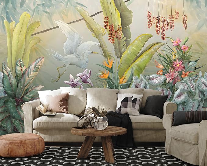 Toolhom Hand-Painted Colorful Leaves wall Mural | 170"x108" non-self-adhesive white cranes playful leaves wallpaper, wall decorations