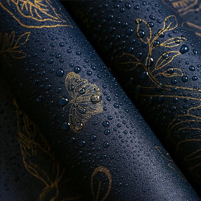 Froluya Dark Blue Peel and Stick Wallpaper Vintage Floral 17.7in×590.5in | Navy Blue and Gold Floral Self Adhesive Wall Paper Dark Birds Removable Decorative Contact Paper for Bathroom Cabinets Vinyl