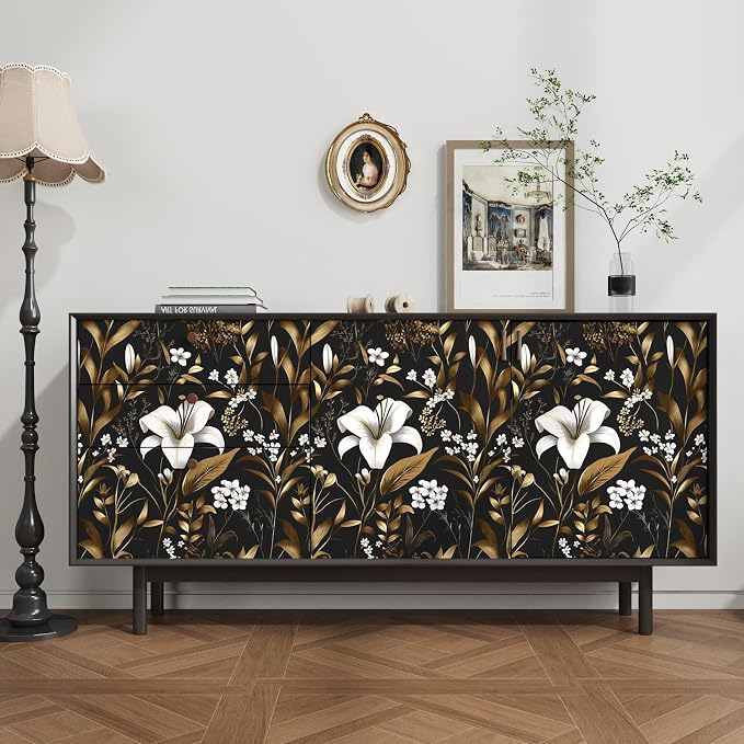 Vintage Dark Black Golden Floral Peel and Stick Wallpaper 17.5"x787" | Self Adhesive/Removable/Waterproof/Thick Vinyl Extra Long Contact Paper for Bathroom Bedroom Shelf Cabinet Drawer,Prepasted
