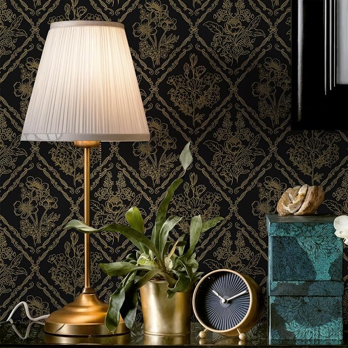 Toduso Peel and Stick Wallpaper Vintage Wall Paper Boho Contact Paper Black and Gold Floral Removable Wallpaper for Bathroom Bedroom Flower Waterproof Self Adhesive Vinyl Drawer Decor 17.3"x196.8"