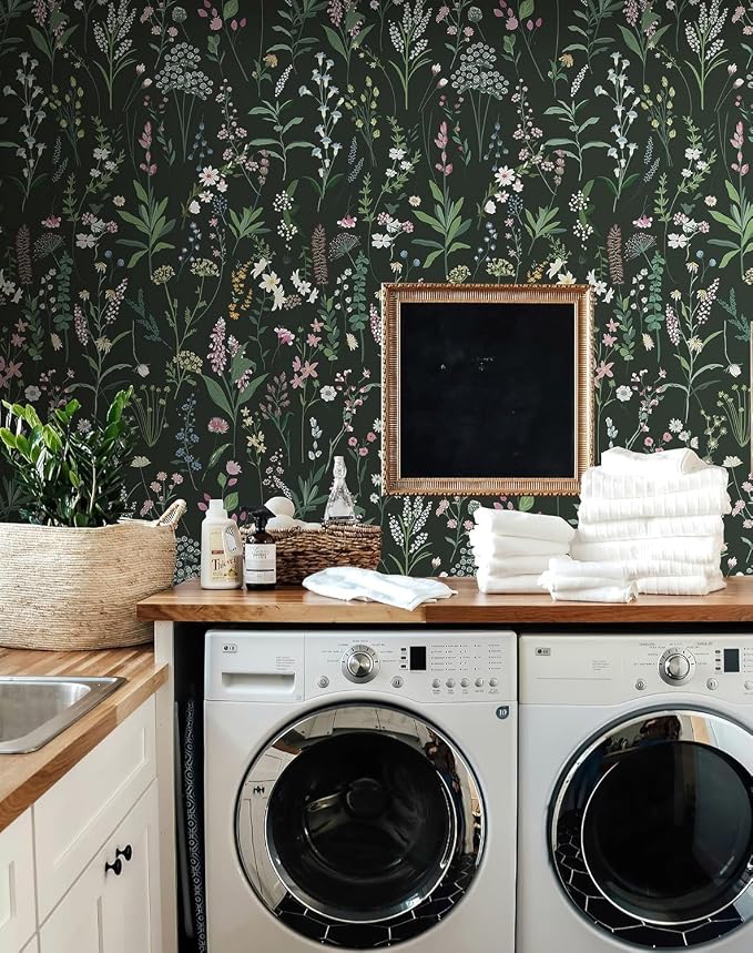 JiffDiff Floral Wallpaper Peel and Stick Farm Floral 1181" x 17.32" Wildwood Wall Paper Dark Wallpaper Self Adhesive Contact Paper Coverage 142 sq.ft