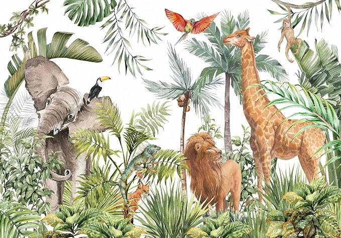 Jdayda Safari Wallpaper Hand Painted Elephants Giraffes Monkeys | 170"x120" Lions Tropical Palm Trees Jungle Forest Wall Mural for Bedroom Living Room Baby Nursery