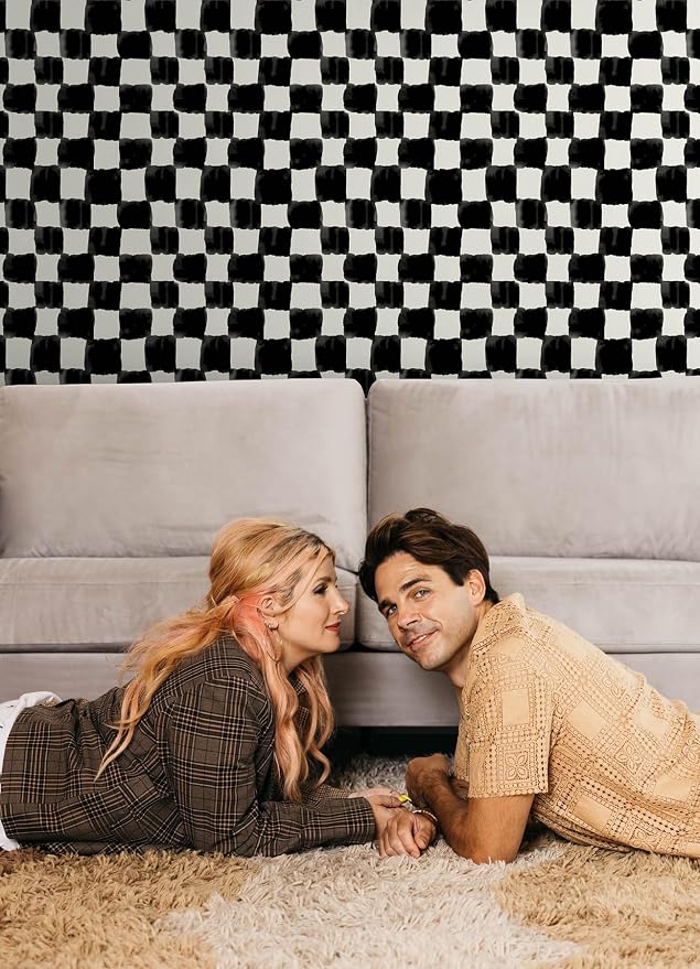 Mr. Kate RoomMates Tess Watercolor Soft Black Checker Peel and Stick Wallpaper, Vinyl, 20.5-in x 18-ft