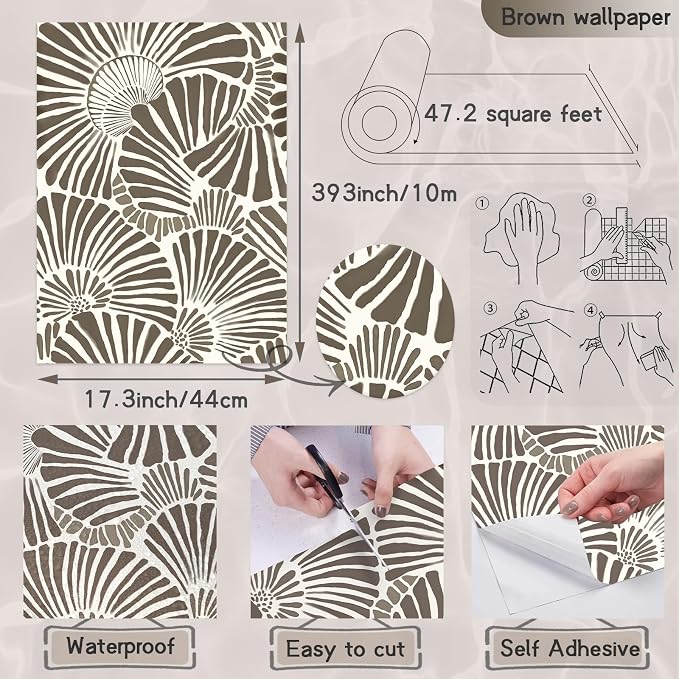 White and Brown Peel and Stick Wallpaper 17.3"393" Modern Boho Self Adhesive Removable Contact Paper for Bedroom Cabinets Drawers Shelf Home Decor Vinyl Film