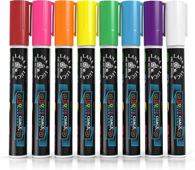 LANA & LUCA Liquid Chalk Markers for Blackboards - Bold Color Dry Erase Marker Pens - Chalkboards Signs, Windows, Blackboard, Glass - 6mm Reversible Tip (8 Pack)