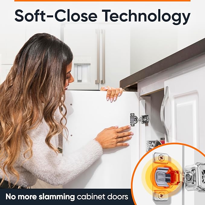 Decobasics 100 Pack Soft Close Cabinet Hinges 1-1/2" Overlay for Kitchen Cabinet Doors, Slow Self-Closing Concealed Hidden Hinges for Face Frame –Stainless Steel, 3-Way Adjustable & Quiet Close Damper