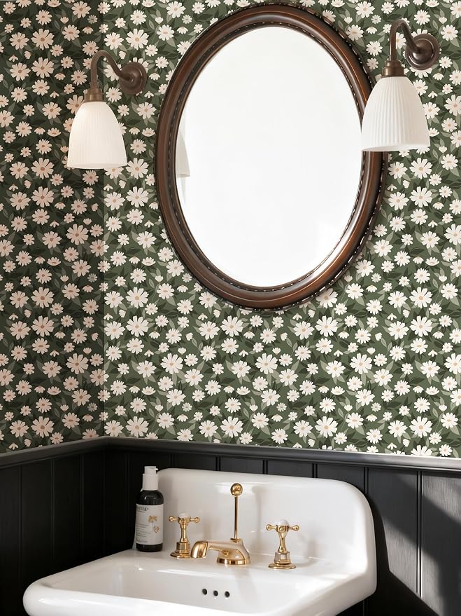 Floral Wallpaper Peel and Stick, Green Daisy Flower Removable Self Adhesive Wallpaper for Bedroom Bathroom Cabinet, 17.3‘’×78.7‘’