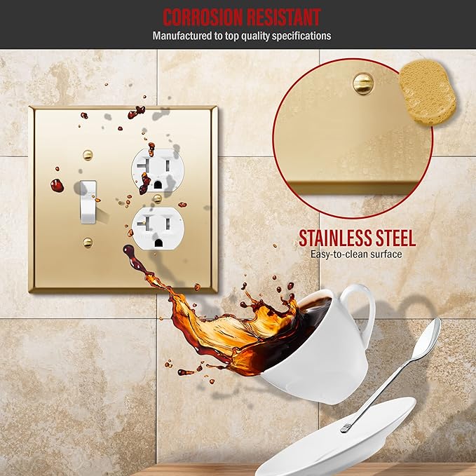 ENERLITES Combination Toggle Switch and Duplex Receptacle Metal Wall Plate, Outlet Cover, Corrosion-Resistant, Mid-Size 2-Gang 4.88" x 4.92", Stainless Steel 201, 771121M-PB, Polished Brass