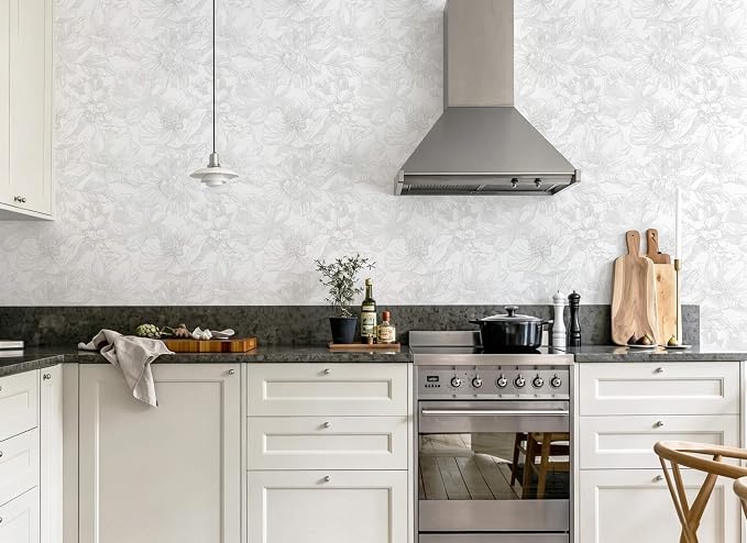 118"x17.3" Peel and Stick Wallpaper Contact Paper Floral Modern White Wallpaper Removable Wall Paper Self Adhesive Boho Contactpaper for Cabinets Drawers Grey Vintage Bedroom Thicken Vinyl