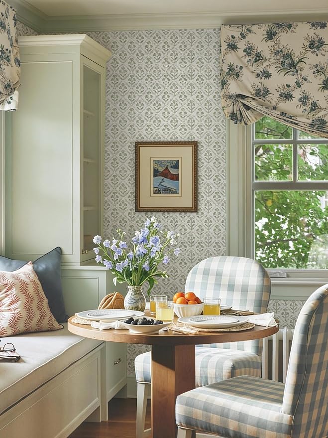 Dimoon Green Peel and Stick Wallpaper Floral Contact Paper Village Vintage Summer Cute Farmhouse Cottage Wall Paper Country Renter Friendly Geometry Waterproof Moody Bathroom Kitchen 78.7"x17.3"
